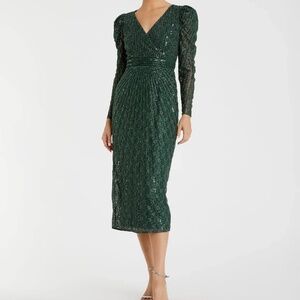 Mac Duggal Beaded Lace Long Sleeve Midi Dress